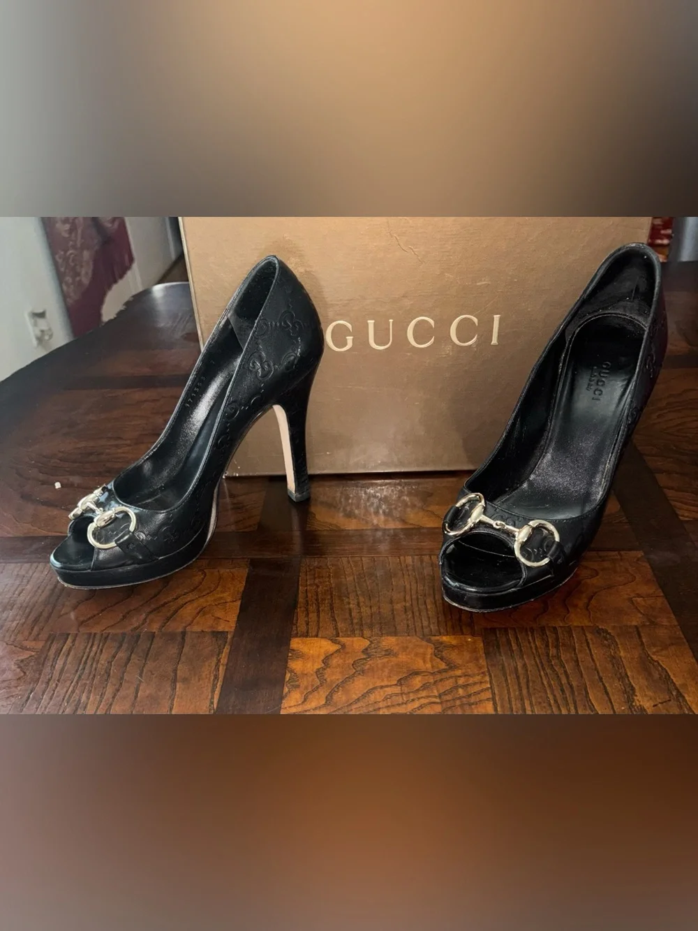 Gucci Black Leather Peep-Toe Heels with Gold Horsebit Accent